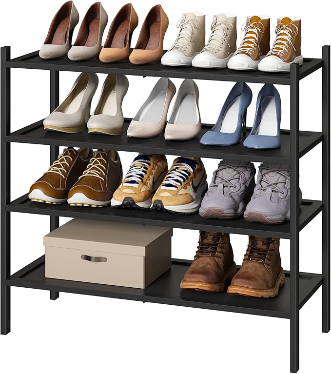 kiplant Shoe Rack for Entryway, Black Bamboo Shoe Rack 4-Tier, Stackable Shoe Organizer for Hallway Closet, Free Standing Sho