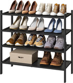kiplant Shoe Rack for Entryway, Black Bamboo Shoe Rack 4-Tier, Stackable Shoe Organizer for Hallway Closet, Free Standing Sho