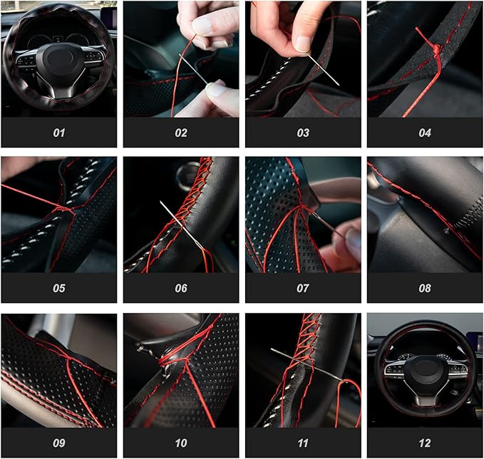 AUTOXBERT Sports Style Hand Sew Steering Wheel Cover Microfiber Leather Car Auto Steering Wheel Cover Stitch on Wrap for Cars