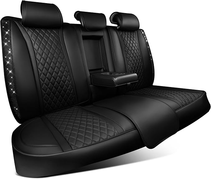 CAR PASS Bling Diamond Back Seat Covers, Nappa Leather Rear Seat Bench Cushion Waterproof Breathable Back Row Protector Unive