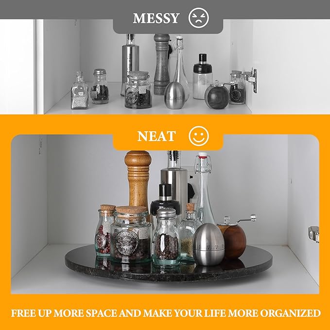 Koville 16'' Marble Lazy Susan for Kitchen Counter, Black Marble Turntable for Dinning, Lazy Susans Organizer for Cabinet, Se