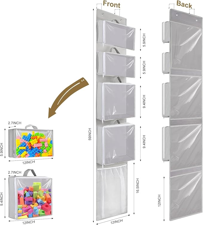 Woodoulogy Hanging Toy Storage over Door, Block Stuffed Animal Organizer Idea with 4 Removable Case Bag, Bi-Fold Closet Holde