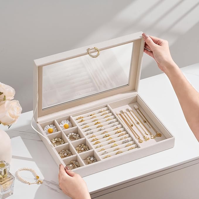 bussdis Glass Lid Jewelry Organizer Box – Beige Velvet Jewelry Case with Ring Slots, Necklace Hooks & Removable Compartments 