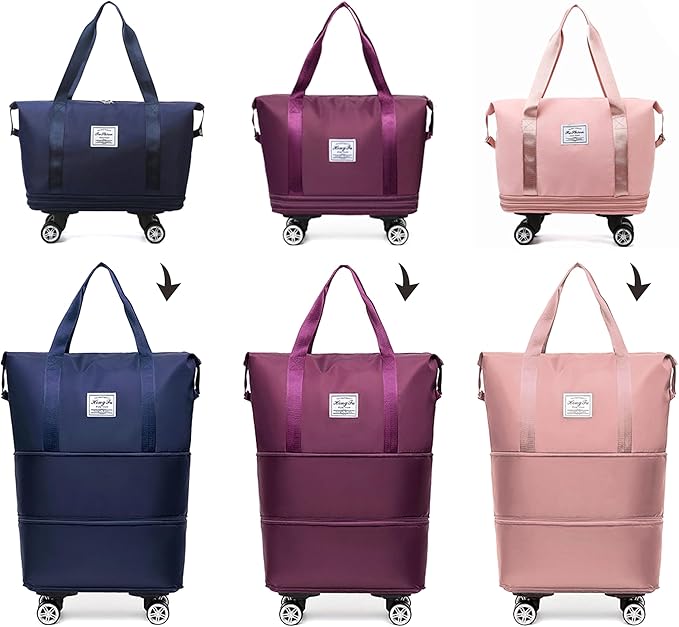 Expandable Foldable Duffel Bag with Detachable Rolling Wheels, Large Carry-On Luggage for Travel, Gym, Camping, Shopping, Business Trip (Pink)