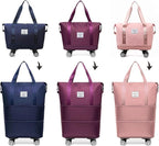 Expandable Foldable Duffel Bag with Detachable Rolling Wheels, Large Carry-On Luggage for Travel, Gym, Camping, Shopping, Business Trip (Pink)