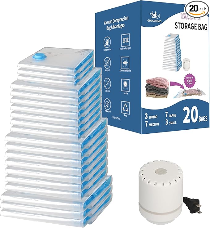 20 Pack Space Saver Vacuum Storage Bags for Clothing Travel, Vacuum Seal Compression Bags for Clothes, Packing, Luggage, Blan