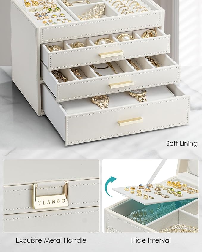 Vlando 4 Layer Large Jewelry Box - Jewelry Holder Organizer, Jewelry Box Organizer for Drawer Necklace Ring Bracelet and Watc