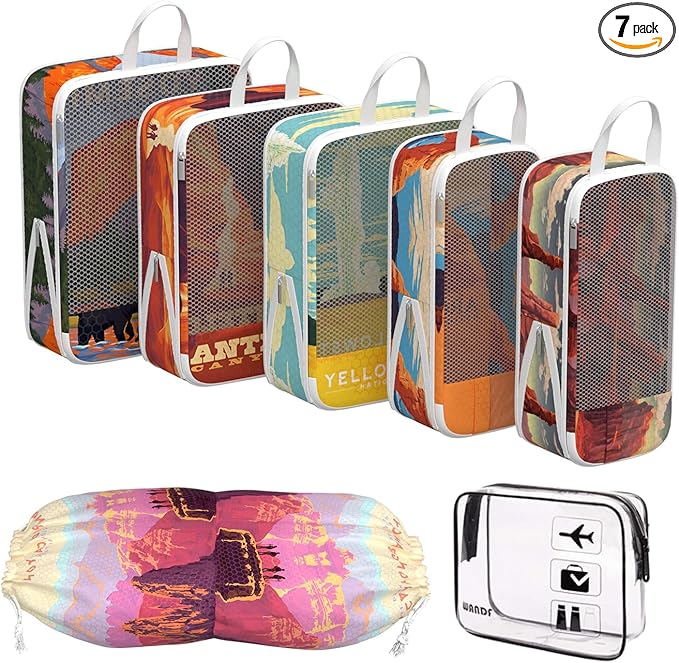 Compression Packing Cubes for Travel, 7 Set National Park Expandable Mesh Luggage Organizers, Waterproof Expandable/Compressi