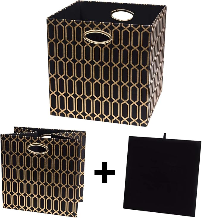 Posprica Storage Bins, Storage Cubes,13×13 Fabric Drawers Organizer Basket Boxes Containers (13×13×13/4pcs, Black/gold geomet