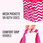 Extra Large Utility Tote Bag, Oversized Collapsible Reusable Wire Frame Rectangular Canvas Basket With Two Exterior Pockets For Beach, Pool, Laundry, Car Trunk, Storage - Chevron Pink