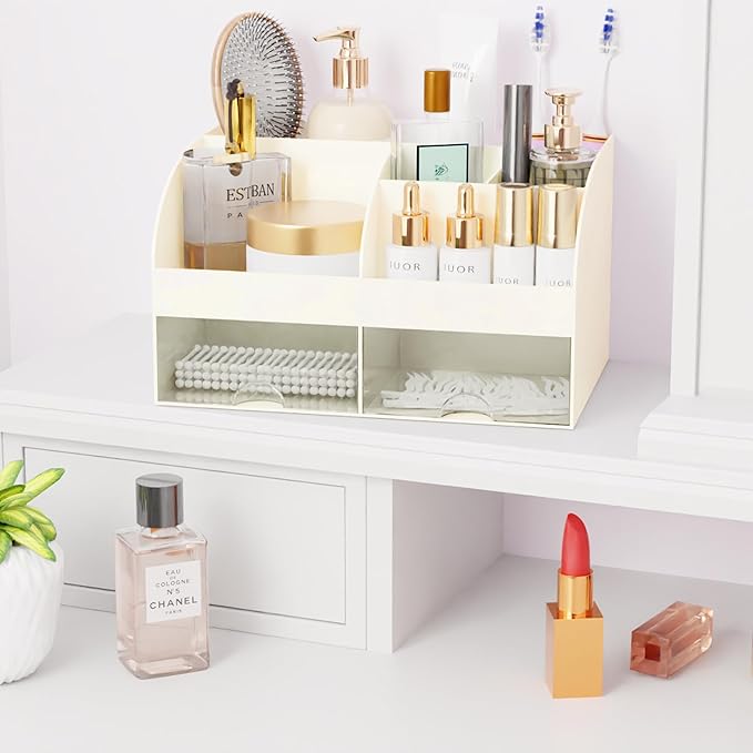 Makeup Organizer with Drawers, Cosmetic Storage for Dresser Vanity and Bathroom Countertop, Beauty Holder for Lipstick Brush,