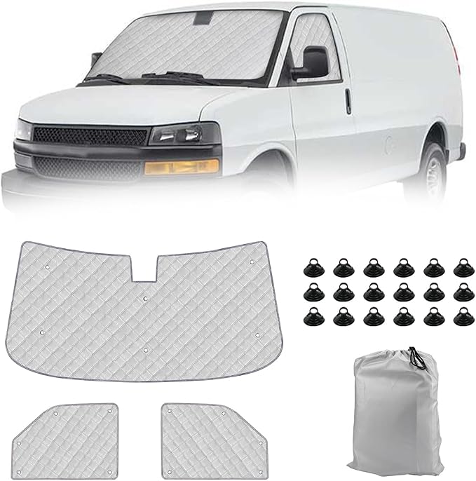 Windshield Sun Shade 3 Set for1996-2022 Express/GMC Savana, Insulated Front Seat Side Sunshade for All Seasons, Blockout UV Reflector Privacy Protection