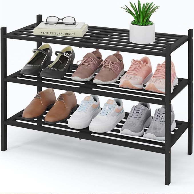 Smiry Bamboo Shoe Rack 3-Tier, Stackable Wooden Shoe Organizer for Entryway & Closet, Free Standing Wood Shoe Storage Shelf f