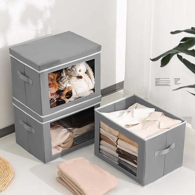 Homsorout Storage Bins with Lids, 4 Pack Large Storage Cubes with Window, Closet Bins with Lids & Handles, Fabric Box for Org
