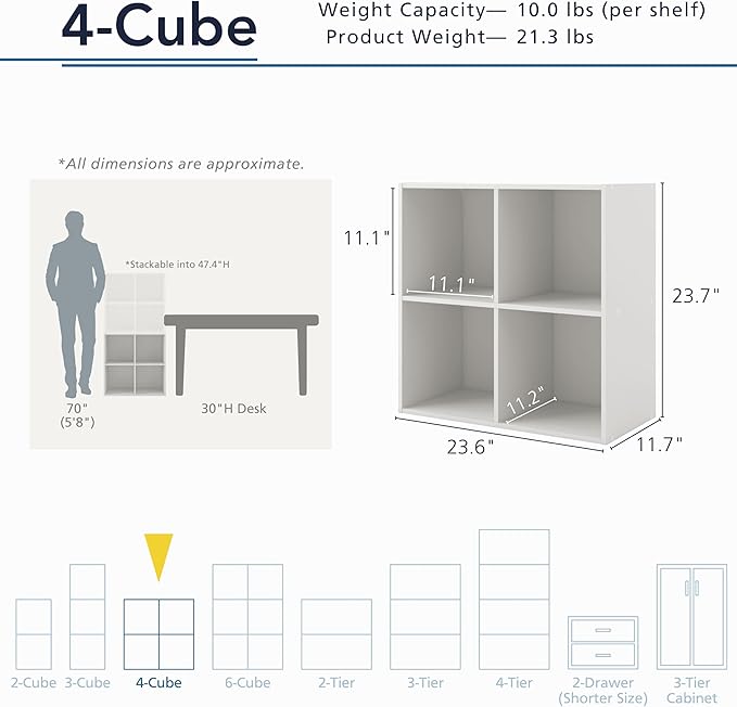Homes: Inside + Out Apexa 4-Cube Storage Organizer Shelves, Stackable Wood Bookcase Fits Cubby Bins for Organization, Dorm Te