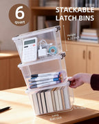 Citylife 6 Packs 6 QT Plastic Storage Bins with Latching Lids Clear Storage Box with handle Stackable Storage Containers for 