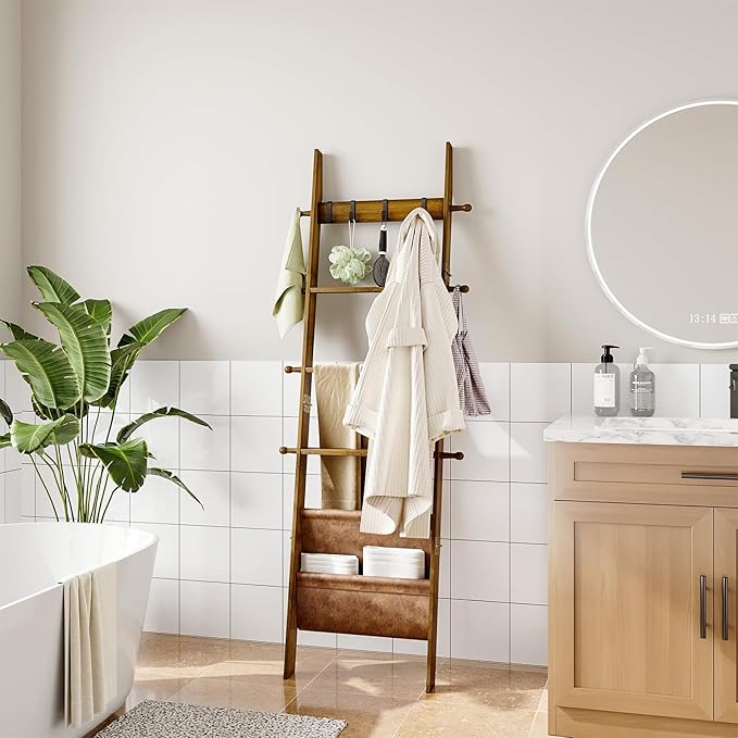 ELYKEN Blanket Ladder, 5-Tier Farmhouse Wooden Rack with Synthetic Leather Pocket, 4 Removable Hooks, Decorative Leaning Ladd