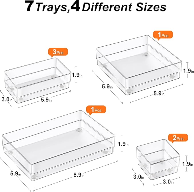 SMARTAKE 7-Piece Drawer Organizer with Non-Slip Silicone Pads, 4-Size Desk Drawer Organizer Trays Storage Tray for Makeup, Je