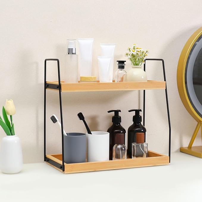 Bamboo Bathroom Counter Organizer, Wooden Bathroom Sink Countertop Organizer, 2 Ties Vanity Counter Top Shelf, Dresser Skinca