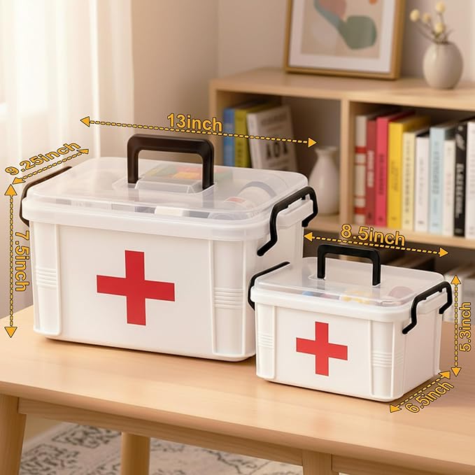 2 Pack Clear Medicine Organizer Box with Handle, Plastic Medicine Container with Tray First Aid Box Empty, Thickened Medicine