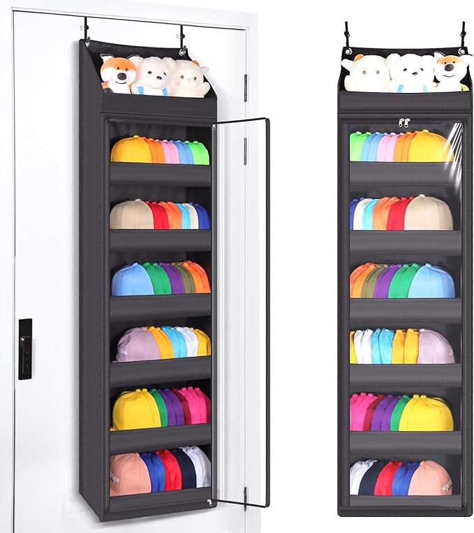 Toread 7-Layer Door-Mounted Baseball Cap Organizer, Dust-Proof Hat Rack Holds 90 Hats, Adjustable Non-Slip Hooks, Multi-Purpo