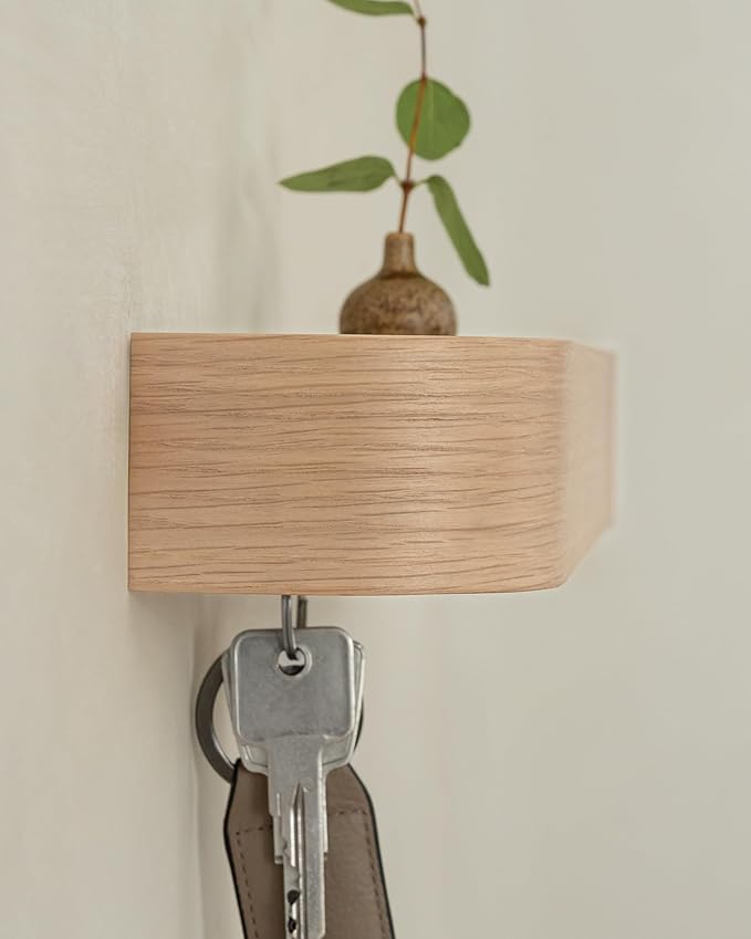 Kazai.® Key Holder 'Toke' | Minimalist Key Hook Design from Berlin | Modern Key Holder Wall Mount with Wooden Shelf | Key Rac