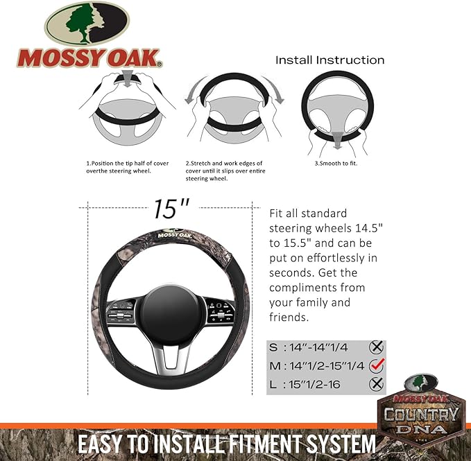 Mossy Oak Camo Steering Wheel Cover - PU Leather and Cotton Twill, Universal Fit 14 1/2 inches to 15 inches - Officially Lice