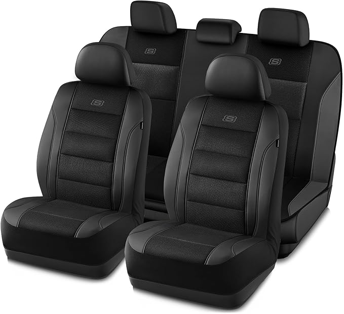 Skechers Aircooled & Memory Foam Seat Covers,Premium Leather with EVA Mesh Car Seat Covers,Seat Cover Full Sets,Airbag Compat