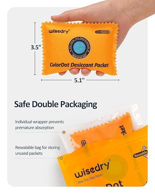 wisedry 100g [5 Packs] Reusable Desiccant Packs for Storage, Rechargeable Color Indicating Silica Gel Desiccant Packets,