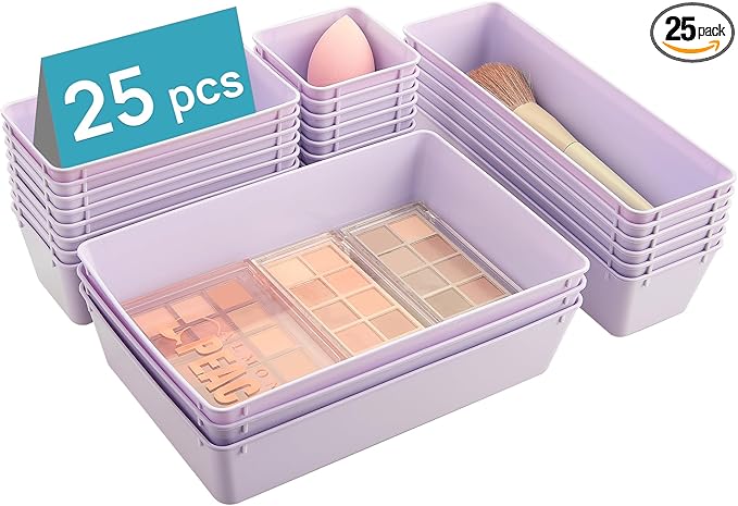 Vtopmart 25 PCS Plastic Drawer Organizers Set, 4-Size Versatile Bathroom and Vanity Drawer Organizer Trays, Storage Bins for 