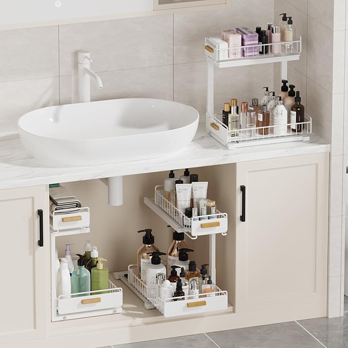 Under Sink Organizer Kitchen - Upgraded Professional Rails, 2 Tier Dual Pull Out Cabinet Storage, Height Adjustable Under Sin