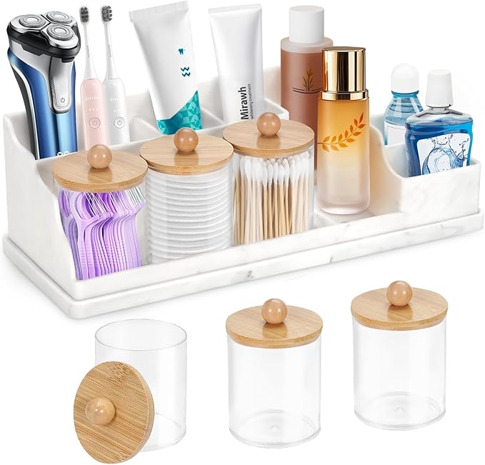 Bathroom Counter Organizer, White Silicone Toothbrush Holders for Bathrooms Organizer Countertop with 3PCS Qtip Holder, Tooth
