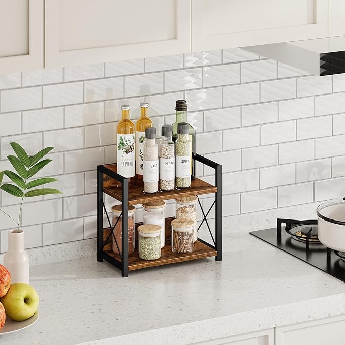 Giikin Countertop Shelf Organizer, 2 Tier Kitchen Spice Rack for Countertop, Wood Coffee Counter Shelf Organizer for Home (Br