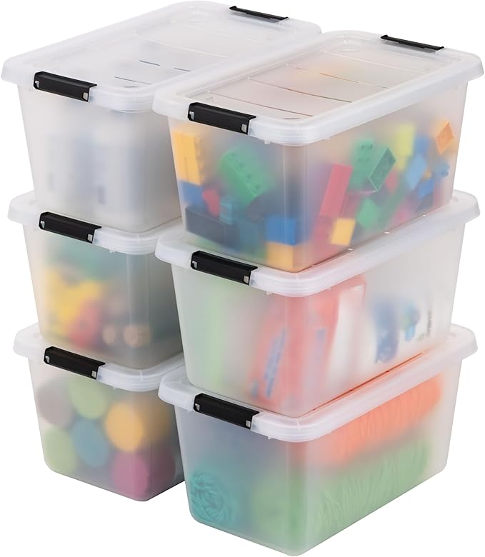 IRIS USA 6-Pack Clip Box with Latching Lids, 13 Quart Craft Storage Bins, Art & Writing Supply Containers for Home, Office & 