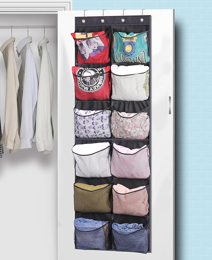KIMBORA Boots Hanging Shoe Organizer for Closet 12 Extra Large Mesh Pockets Over The Door Shoe Rack for Men Shoes Size 16, Bl