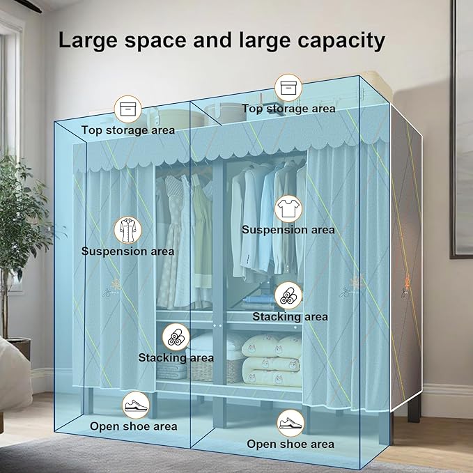 Large Portable Closets for Hanging Clothes | Heavy Duty Clothes Rack with Cover Foldable | Max Load 1000LBS Portable Wardrobe