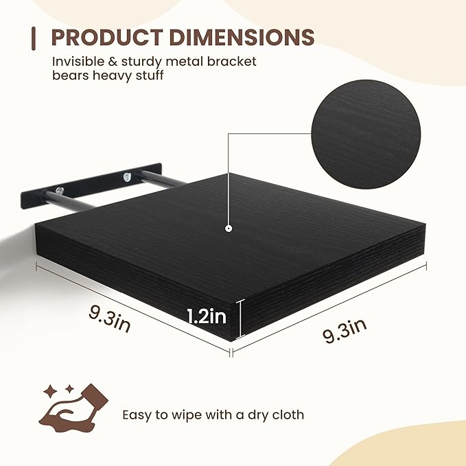 Fun Memories Floating Shelves for Wall - 9.3 Inch Square Shelves with Invisible Brackets, Black Small Wall Shelf for Living R