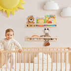 Fun Memories Nursery Book Shelves - Rustic Natural Solid Wood Floating Bookshelf for Kids - Wall Book Shelves for Kids Room (