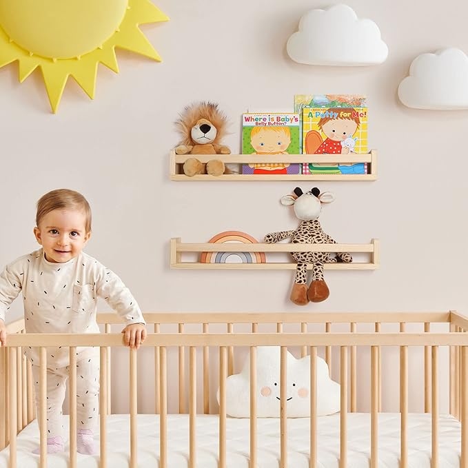 Fun Memories Nursery Book Shelves - Rustic Natural Solid Wood Floating Bookshelf for Kids - Wall Book Shelves for Kids Room (