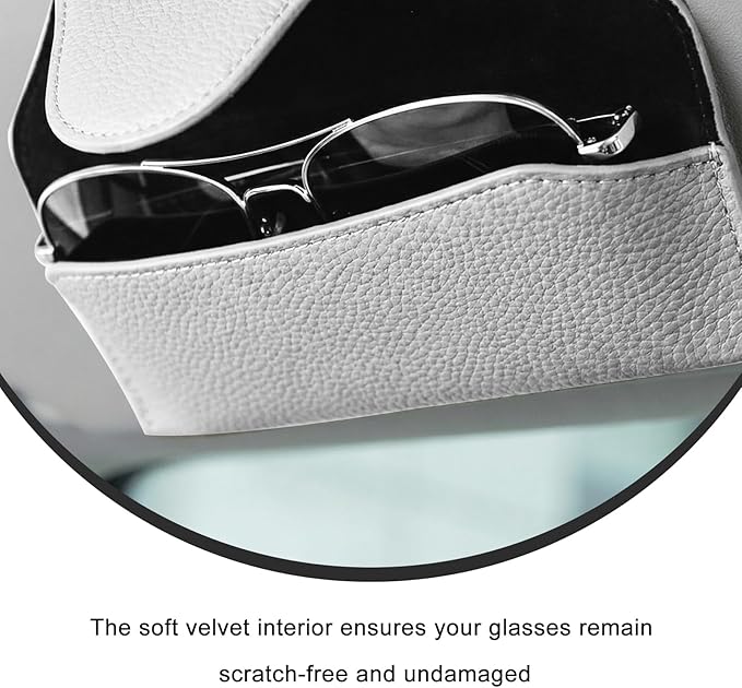 Sunglass Holder for Car Visor, Magnetic Auto Sun Visor Eyeglass Organizer with Dual Back Clips, Leather Glasses Protective Storage Case Universal for Most Vehicles Visors (White)