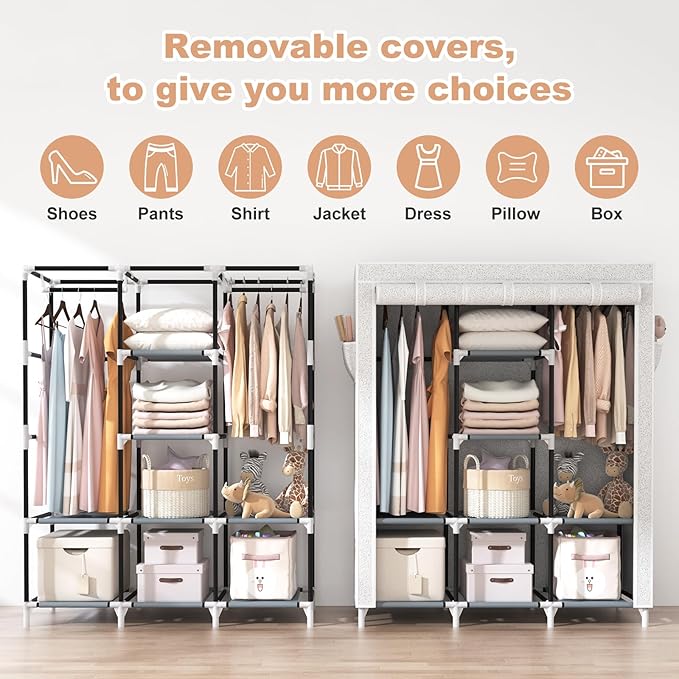 VTRIN Portable Closet Wardrobe for Hanging Clothes with 2 Hanging Rods and 8 Storage Organizer Shelves,Free Standing Clothes 