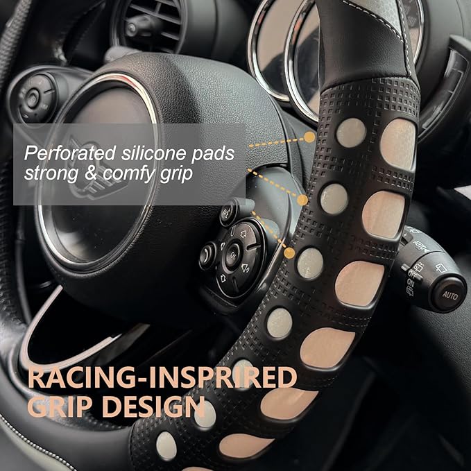 PINCTROT Race Grip Steering Wheel Cover, Anti Slip Silicone Perforated Design with Soft Touch Padding, Enhanced Grip for Sporty Driving, Universal 14.5-15 Inch (Racing White)