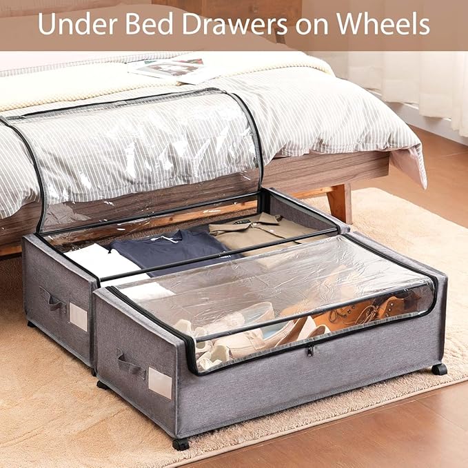 Under Bed Storage with Wheels, Rolling Under bed Storage with Metal Frame, Under Bed Shoe Storage for Space Saving, Zippered 