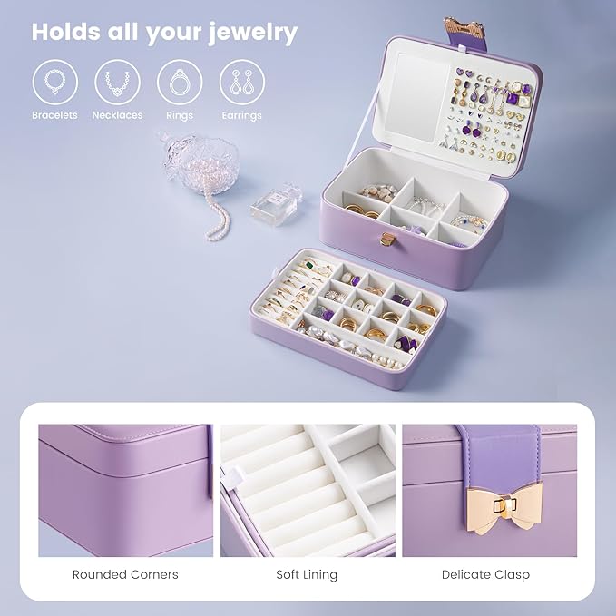 Lolalet 2 Layer Jewelry Box for Teen Girls & Young Women, Jewelry Organizer Case with Bow Clasp and Mirror for Earrings Rings