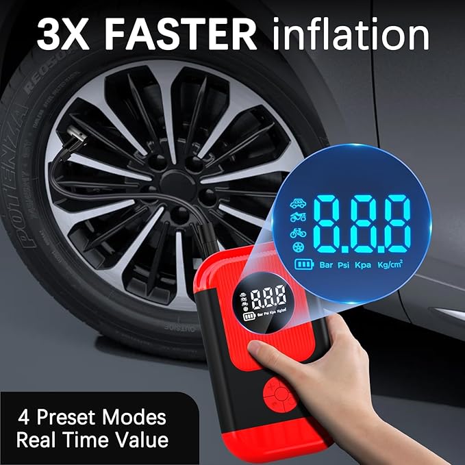 Tire Inflator Portable Air Compressor & Car Jump Starter, Cordless Air Pump with LED Light & Pressure Gauge for