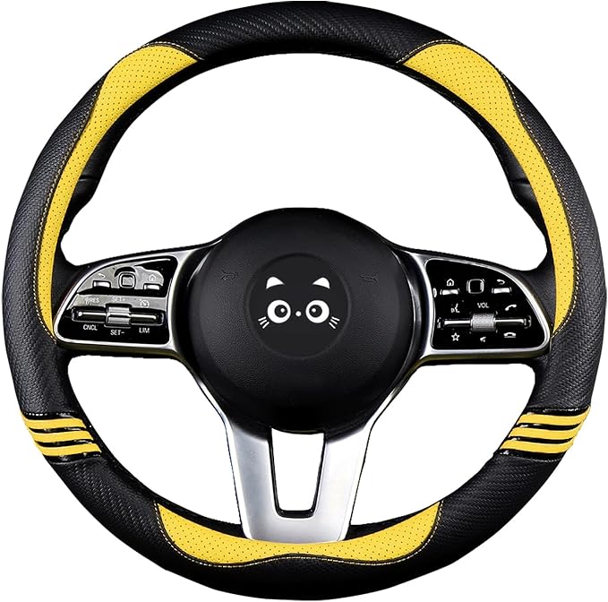 Iwantit® Steering Wheel Covers with Leather and Anti-Slip Rubber Ring, Universal Fit 14.5-15 inches for Cars,SUV (Yellow/Blac