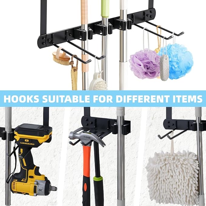Broom Holder Door Mount,Door Mounted Broom and Mop Holder with Dual Tool Hooks, Three Slots, and One Tool Storage Basket For 