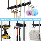 Broom Holder Door Mount,Door Mounted Broom and Mop Holder with Dual Tool Hooks, Three Slots, and One Tool Storage Basket For 