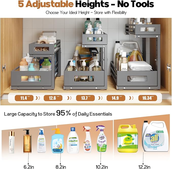 1-Pack Under Sink Organizers and Storage,2-Tier L Shape Pull Out Cabinet Organizer With Round Tube Slide Rails,Hight Adjustab