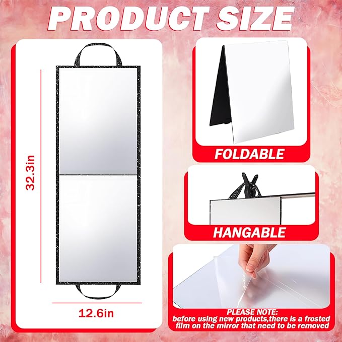 Foldable Full Length Mirror, Hanging Wall Mirror Portable Travel Mirror with Handle for Dance Home Bedroom Wardrobe Stage Mak